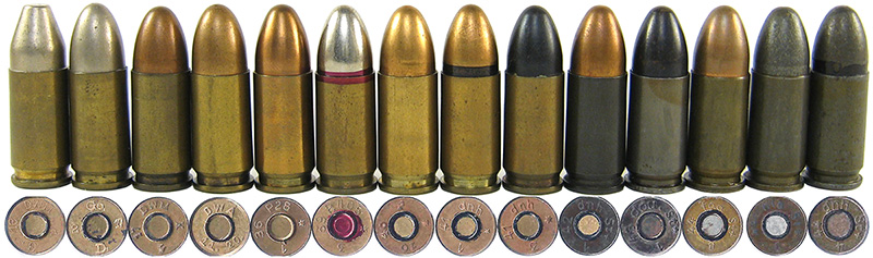9х19 пистолетные патроны «Парабеллум» 08 с разными типами пуль и гильз