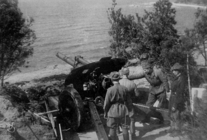 Расчет советской 122-мм гаубицы М-30 на позиции на косе Фрише-Нeрунг (Frische Nehrung, ныне Балтийская коса). 11-я гвардейская армия.