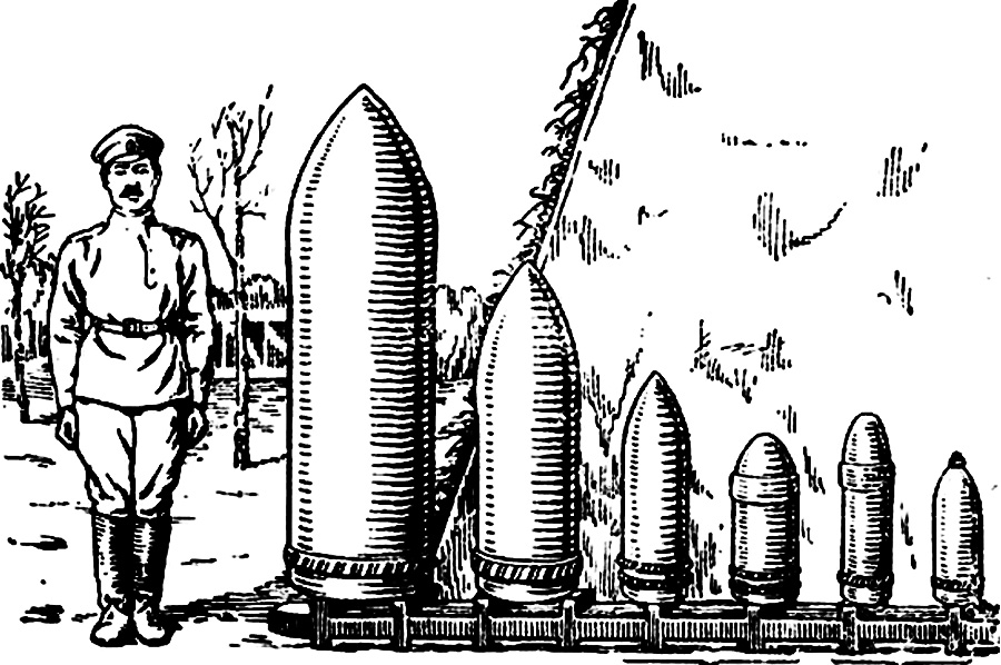 Снаряды, использовавшиеся немцами при штурме крепости Осовец. Слева направо – 420 мм, 305 мм, 210 мм, 150 мм, 107 мм и 100 мм
