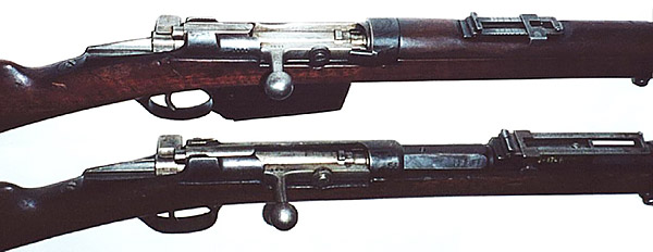 Вид на затвор и прицел Mauser-Milovanovic-Djurich М 80/07 (сверху) и Mauser-Milovanovic M 80 (снизу