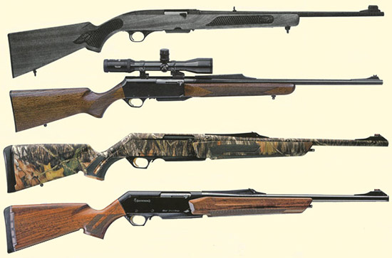 С отводом пороховых газов: Winchester 100 (вверху), изображенный здесь в исполнении Rifle, принадлежит к наиболее элегантным охотничьим самозарядным карабинам, которые когда-либо производились. Охотничья самозарядка Browning BAR характеризуется обилием различных вариантов. Второе оружие сверху - модель BAR MK II. Внизу два современных представителя семейства BAR в разных калибрах, Short Track и Long Track. Тогда как модель внизу представляет собой классическое исполнение с ложей из ореха, изображенная выше версия BAR поставляется полностью камуфлированной.