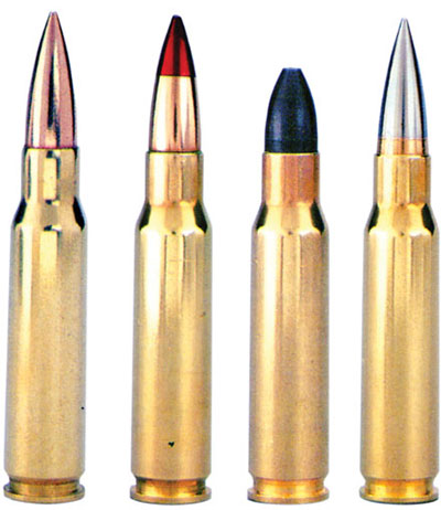 7,62х51 винтовочные патроны НАТО (слева направо): с обычной пулей М 59; с трассирующей пулей М 62; с практической пулей; с бронебойной пулей PPI