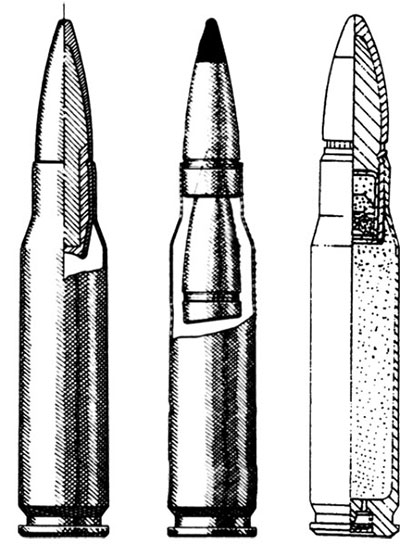 Схемы 7,62х51 винтовочного патрона НАТО (слева направо): с бронебойной пулей L78. (Франция); двухпульного патрона М 198. (США); с трассирующей пулей М 62
