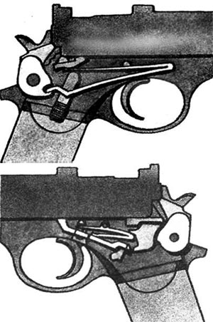 Боевая пружина (сверху) и УСМ (снизу) пистолета Маннлихера обр. 1905 г.