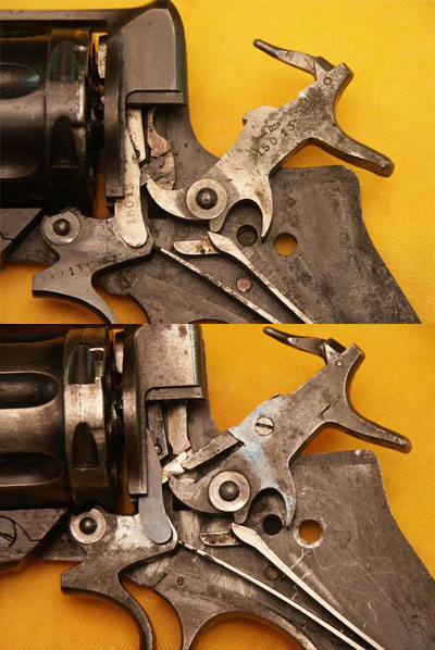 УСМ одинарного действия (вверху) УСМ двойного действия (внизу) используемые в револьвере Nagant M 1895