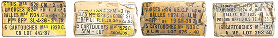 Этикетки на коробках с патронами Mle 1929C — с обычными пулями Mle 1924C (с желтой полосой) и зажигательной пулей Mle 1935 I (с синей полосой)