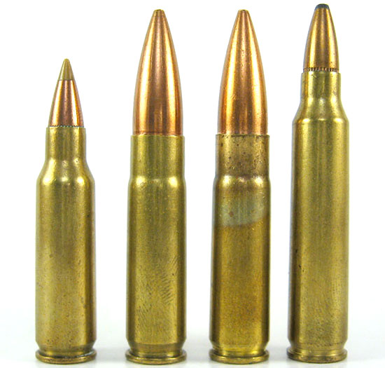 Слева - направо: .221 Remington Fireball, .300 Whisper, 300 AAC Blackout, .223 Remington