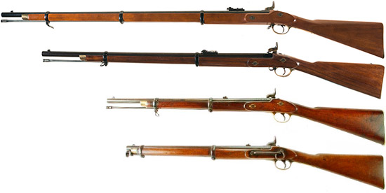 Сверху-вниз: Enfield Pattern 1853 Rifle Musket, Enfield Pattern 1856 Rifle, Enfield Pattern 1856 Artillery Carbine, Enfield Pattern 1856 Cavalry Carbine