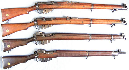Сверху - вниз: SMLE Mk I, SMLE Mk III (No.1 Mk III), SMLE Mk V, No.1 Mk VI