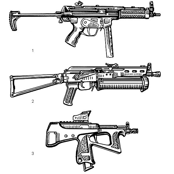 1. Пистолет-пулемет MP5A3 (ФРГ). Патрон — 9×19, начальная скорость пули — 400 м/с, емкость магазина — 15 или 30 патронов; 2. Пистолет-пулемет ПП-19-2 «Бизон-2» (Россия). Патрон — 9×18, начальная <a href='https://arsenal-info.ru/b/book/2362237253/112' target='_self'>скорость пули</a> — 340 м/с, емкость магазина — 64 патрона; 3. Малогабаритный <a href='https://arsenal-info.ru/b/book/643295886/4' target='_self'>пистолет-пулемет</a> ПП-2000 (Россия). Патрон — 9×19, начальная скорость пули — 450 м/с (патрон 7Н21), емкость магазина — 20 патронов