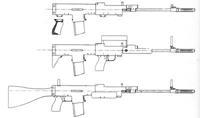 Рисунок раннего варианта винтовки SPIW конструкции Спрингфильдского арсенала, показывающий возможность ее конвертации в обычный вариант либо в вариант буллпап.
