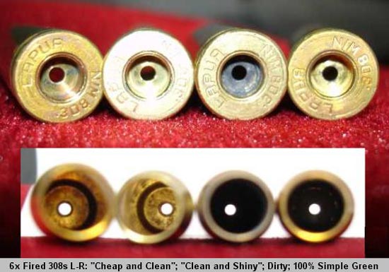 Шестикратно отстрелянные гильзы калибра .308, слева направо: «Дёшево и Чисто», «Чисто Аж Блестит»