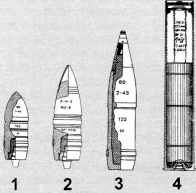 24. 1 — бронебойный остроголовый снаряд БР-471; 2 — бронебойный тупоголовый снаряд БР-471 с баллистическим наконечником; 3 — осколочно-фугасный снаряд ОФ-471Н; 4 — выстрел.