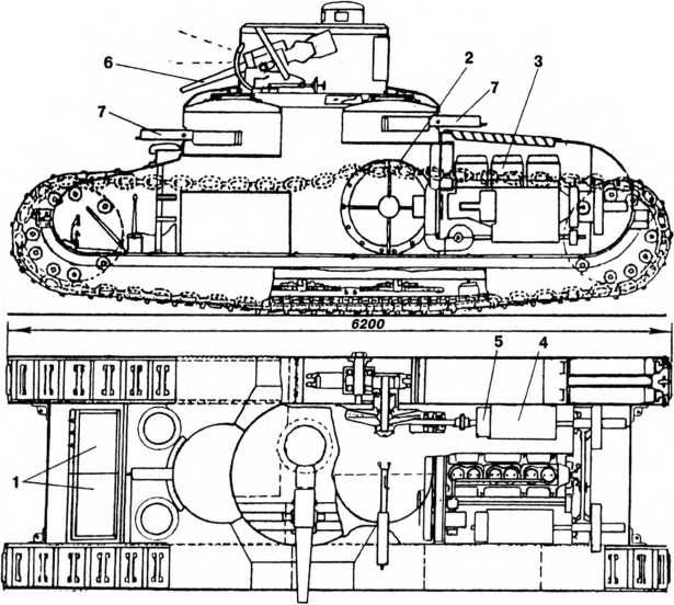 Эскизный проект танка Oberschleisen: 1 — посадочные люки, 2 — ведущее колесо, 3 — двигатель, 4 — коробка передач, 5 — тормоз, 6 — <a href='https://arsenal-info.ru/b/book/3663230191/12' target='_self'>57-мм пушка</a>, 7 — 7,92-мм пулемет.