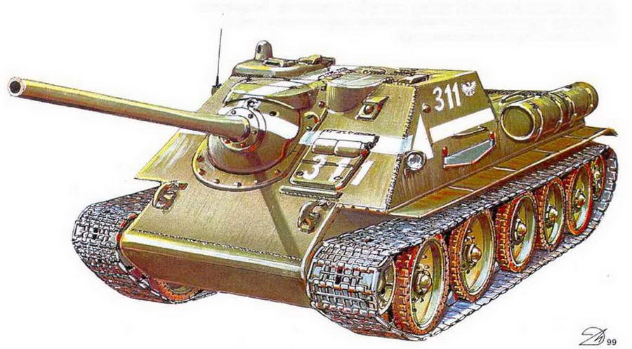 СУ-85 1-й батареи 13-го полка самоходной артиллерии 1-й армии Войска Польского, апрель 1945 г. Белые полосы и треугольники облегчали опознование советской бронетехники авиацией союзников.