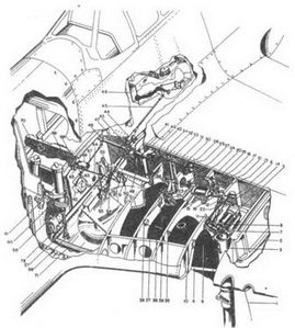 Главное шасси на Р-51В/С. Стойка шасси зафиксирована в металлической литой маске (2), приклепанной к несущим элементам крыла. Стойка (3) выходит под давлением гидравлической тяги (15) после того, как пилот из кабины освободит фиксатор (46).