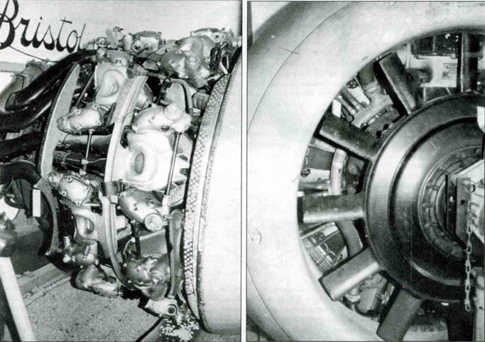 Два снимка двигателя BMW 801D-2. Слева вид на блок цилиндров справа, справа вид на вентилятор.