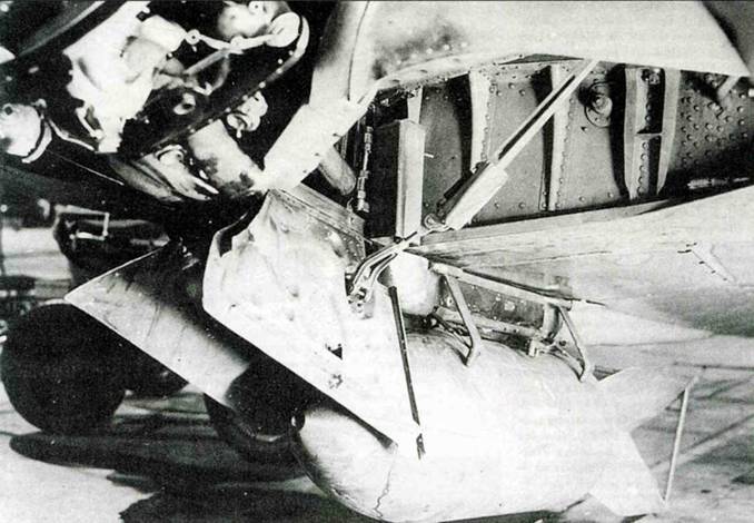 Два снимка экспериментального Fw 190A- 0 с бомбой на бомбодержателе под фюзеляжем. Ни снимке видно, что створки пиши главного шасси задевают за бомбу.