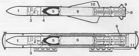 Противокорабельная VP «Экзосет» АМ-39, разработанная на базе VP ММ-39 класса «корабль- корабль»: 1 – головка самонаведения; 2 – блоки вычислительного устройства и инерциальной платформы; 3 -передатчик радиолокационного высотомера; 4 – приемник радиолокационного высотомера; 5 – боевая часть; 6 – маршевый РДТТ 7 – стартовый ускоритель; 8 – привод аэродинамического руля; 9 – руль, 10 -<a href='https://arsenal-info.ru/b/book/861093852/34' target='_self'>консоль крыла</a>; 11 – контейнер