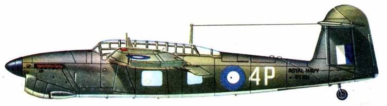 6- Barracuda Mk.II, NAS 815, British Pacific Fleet, HMS Indomitable, 1944 (815 эскадрилья авиации ВМС Великобритании, Тихоокеанский флот, авианосец "Индомитэйбл”, октябрь 1944 г. Стандартный камуфляж ВМС Великобритании с бело-синими опознавательными знаками, бортовыми кодами небесного цвета (Sky) и черным коком винта.