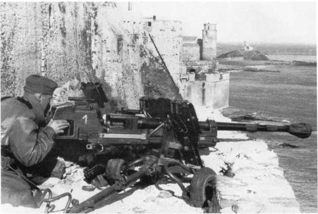 Тяжелое противотанковое ружье Pz.B.41 на облегченном лафете, установленное в системе береговой обороны на территории Югославии. 1942 год. Хорошо видна станина с полозьями, на которых установлены колеса меньшего диаметра (по сравнению с двумя предыдущими фото), ствол зачехлен (РГАКФД).