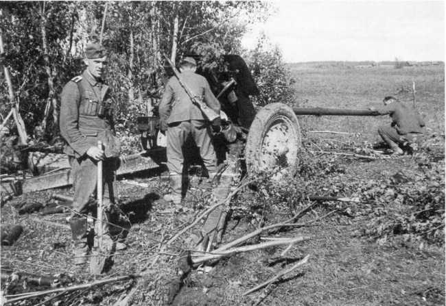 Солдаты вермахта у захваченной советской 76,2-мм дивизионной пушки образца 1936 года (Ф-22). Группа армий «Север», июль 1941 года. Большинство таких трофейных орудий немцы переделали в противотанковые, получившие обозначение Pak 36 (r) (АСКМ).