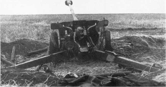 76,2-мм противотанковая пушка Pak 36 (r), брошенная на огневой позиции. 2-й Белорусский фронт, лето 1944 года. Хорошо виден казенник, маховики подъемного и поворотного механизмов слева от него и латинская буква В на правой стороне щита (АСКМ).
