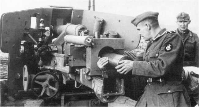 Обучение расчетов 88-мм противотанкового орудия Pak 43/41 в учебном центре в Шпремберге. Сентябрь 1943 года. На фото хорошо видна конструкция казенника, прицел и маховики горизонтального и вертикального наведения. Судя по эмблеме на рукаве солдата, он принадлежал к частям береговой обороны (РГАКФД).