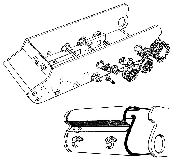Схема установки элементов ходовой части на корпусе танка КВ (вверху) и схема устройства кормы корпуса танка КВ и кармана для выброса охлаждающего двигатель воздуха (внизу).