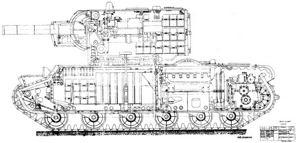 Продольный разрез танка КВ-2 выпуска ноября — декабря 1940 года, копия заводского чертежа (АСКМ).