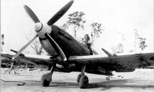 Летчик, чье имя установить не удилось, позирует в кабине «Спитфайра» LF Mk VIII после боевого вылета, аэродром Ливингстон, середина 1944 г. Обратите внимание на тропический фильтр карбюратора и установленный 30-галлонный подфюзеляжный топливный бак. Самолет с бортовым кодом «А58-518» был потерян в результате летного происшествия северо-восточнее Борнео в июле 1945 г.