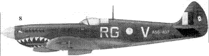 8. «Спитфайр» LF Mk VIII «A58-497/RG-V» заместителя командира 80-го авиакрыла RAAF уинг-коммендера Роберта Гиббиса, Саттлир-филд, Северные территории, лето 1944 г.