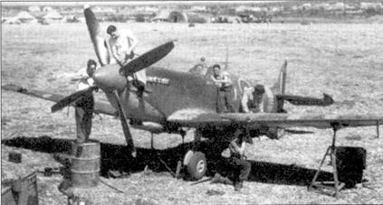 Истребитель «Спитфайр» Mk VIII из 253-й эскадрильи, самолет имеет «обрезанные» законцовки плоскостей крыла — часто встречающийся на «Спитфайрах» вариант, но исключительно редкий для самолетов модификации Мк VIII. Снимок сделан в начале 1945 г. на югославском аэродроме Пркос.