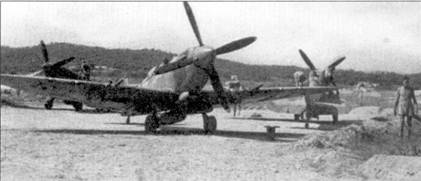 Истребители «Спитфайр» Mk VIII из 43-й эскадрильи подготовлены к боевому вылету, под фюзеляжами самолетов подвешены 500-фунтовые бомбы, Южная Франция, август 1944 г.