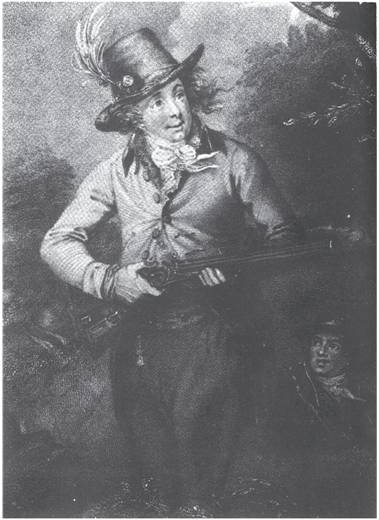 Рис. 111. Известный охотник полковник Томас Торнтон (1776-1823) со своим двенадцатиствольным ружьем. По гравюре М.Н. Бата, отпечатанной в 1810 г. по картине Рейналя и Гулпина, выполненной в 1796 г.