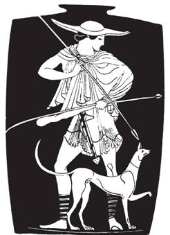 Рис. 38. Греческий охотник, бросающий копье с помощью петли, или анкулы. Рисунок с лекифа (сосуда для масла) ок. 480 г. до н. э., хранящегося в Бостонском музее изящных искусств