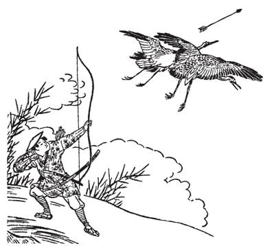 Рис. 58. Японский лучник. По гравюре Морикуни (1729). Отметим длинный лук, который поворачивается в руке так, что веревка покоится на задней стороне запястья