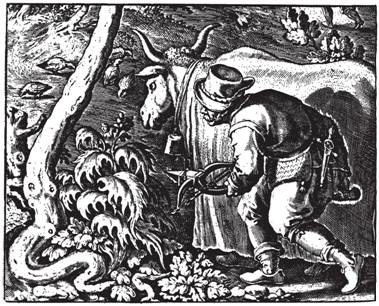 Рис. 83. Охотник, подкрадывающийся к птицам с каменным арбалетом под прикрытием модели коровы (показаны ноги прячущегося человека). Из книги Страдана Venationes (1570)