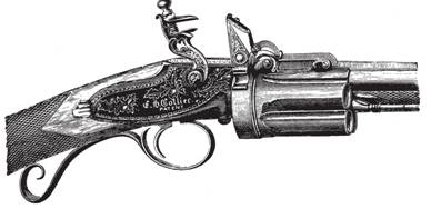 Рис. 97. Ружье Элайши Колиера с револьверным магазином, запатентованным в Англии в 1818 г. На некоторых моделях механизм вращался автоматически с помощью часовой пружины