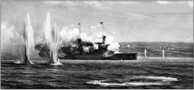 Пожар на линейном крейсере «Инфлексибл». С картины художника Montague Dawson.