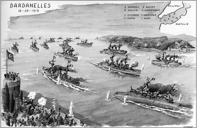 Французские броненосцы в бою 18 марта. С иллюстрации к биографии адмирала Гепрата.