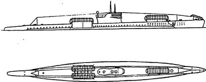Подводная лодка «Шире», оборудованная цилиндрами для перевозки управляемых торпед.
