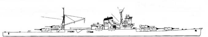 «Ибуки», 1941 г. (проектное изображение) грот-мачта смещена в корму как на крейсере «Такао» после ремонта нет оптического дальномера