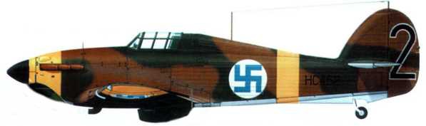 «Харрикейн I» (НС452, HU452) ВВС Финляндии, LeLv 32, Сулаярви, март 1942 года. Английский камуфляж DG/DE, схема В. На нижней стороне крыльев камуфляж «день-ночь-алюминий». Желтые элементы быстрой идентификации. НС452 был самым изношенным финским «Харрикейном», на нем налетали 208 ч.