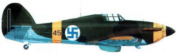 «Харрикейн I» (НС 451. HU45I), ВВС Финляндии. LeLv 32 в октябре 1943 года на аэродроме Иммола. Самолет в новом финском камуфляже, введенном в конце 1942 года. Пятна оливкового и черного на верхней стороне, свтло-голубой низ, желтые элементы быстрой идентификации. НС451 был, вероятно, единственным финским Харрикейном» с матерчатой обшивкой крыла.