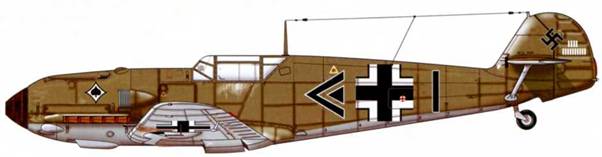 Bf 109Е-3 из ii./jg 53, май 1940 г. Пилот капитан Вернер Мёльдерс, командир истребительной группы, до 25 мая 1940 г. одержал 1 8 побед. Верхние поверхности: RLM 71. Боковые поверхности до нижней части фюзеляжа: RLM 02. Нижние поверхности: RLM 65.