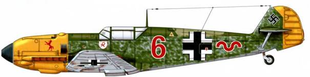 Bf 109Е-3 из 8./JG2, 1940 г. Верхние поверхности: RLM 71 /02. Камуфляжные пятна: RLM 71 /02, Нижние поверхности: RLM 65. Капот двигателя: RLM 04.