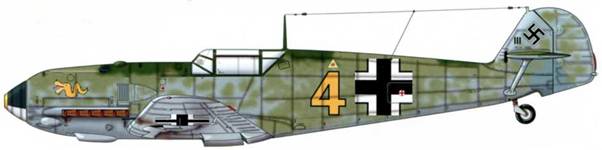 Bf 109Е-3 из 3./JG 3, Битва за Британию, август 1940 г. Пилот Hauptmann (капитан) Хельмут Рау. Верхние поверхности: RLM 71 /02. Камуфляж: 02. Нижние поверхности: RLM 65.