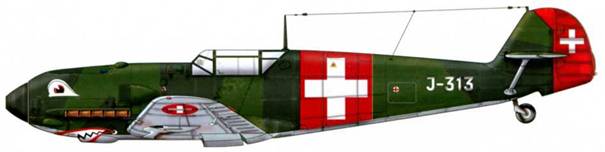Bf 109Е-3 швейцарских ВВС. Верхние поверхности: RLM 70/71. Нижние поверхности: RLM 65.