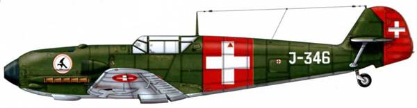 Bf 109Е-3 швейцарских ВВС, авиационная рота № 15, 1940 г. Верхние поверхности: RLM 71. Нижние поверхности: RLM 65.